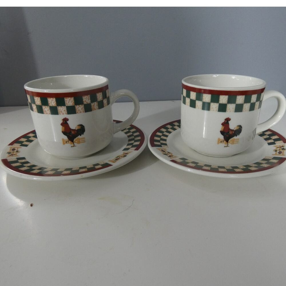 Lot of 2 Betty Crocker Country Inn Collection Tea Cup & Saucer Rooster Stonewear